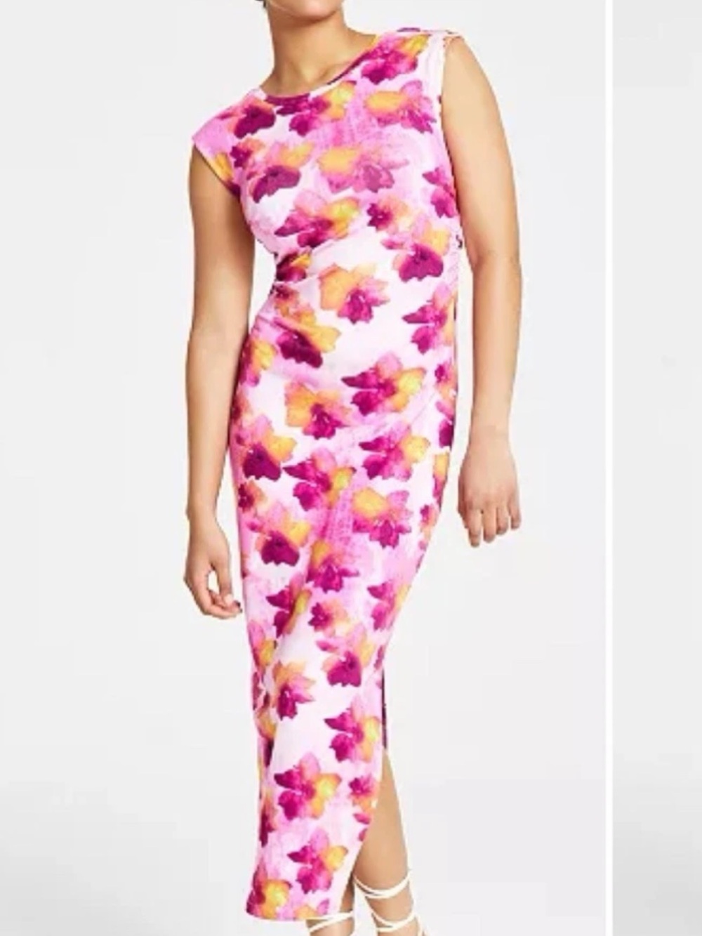 Bar III Pink Floral Sleeveless Midi Dress with Yellow Accents